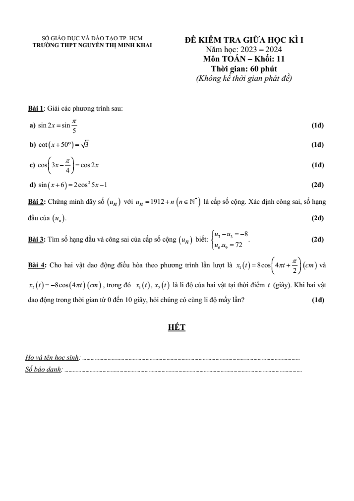 Đề thi Giữa kì 1 Toán 11 năm 2023-2024 trường THPT Nguyễn Thị Minh Khai (TP HCM)