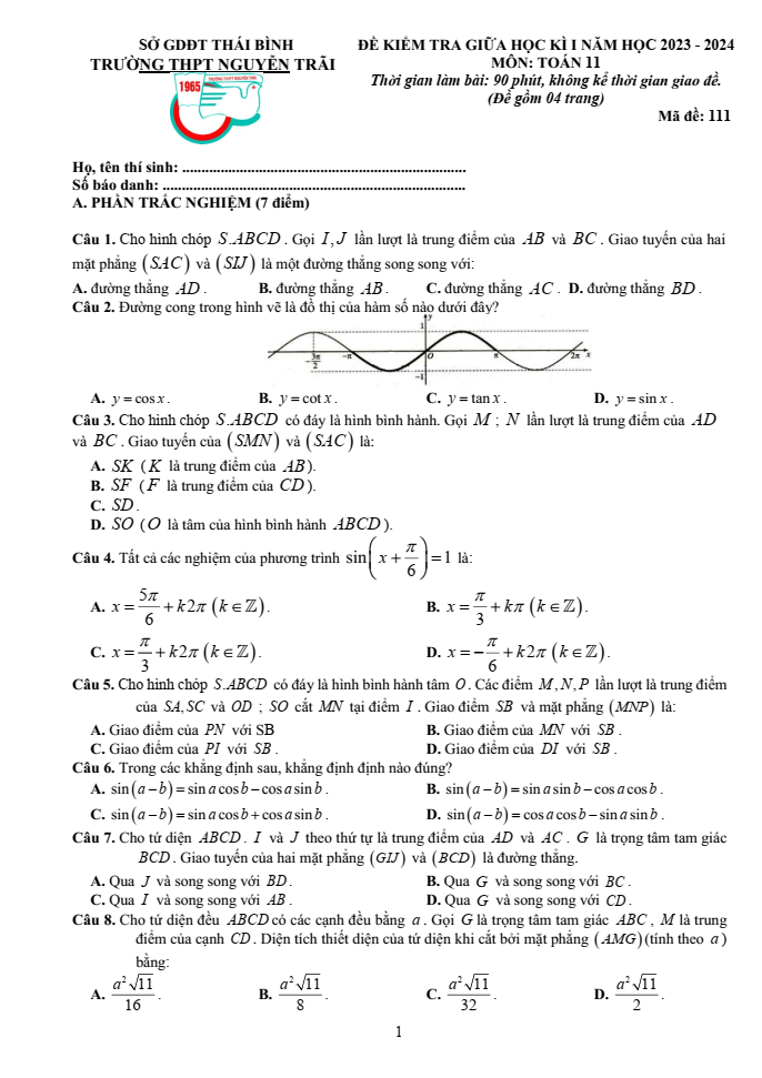 Đề thi Giữa kì 1 Toán 11 năm 2023-2024 trường THPT Nguyễn Trãi (Thái Bình)