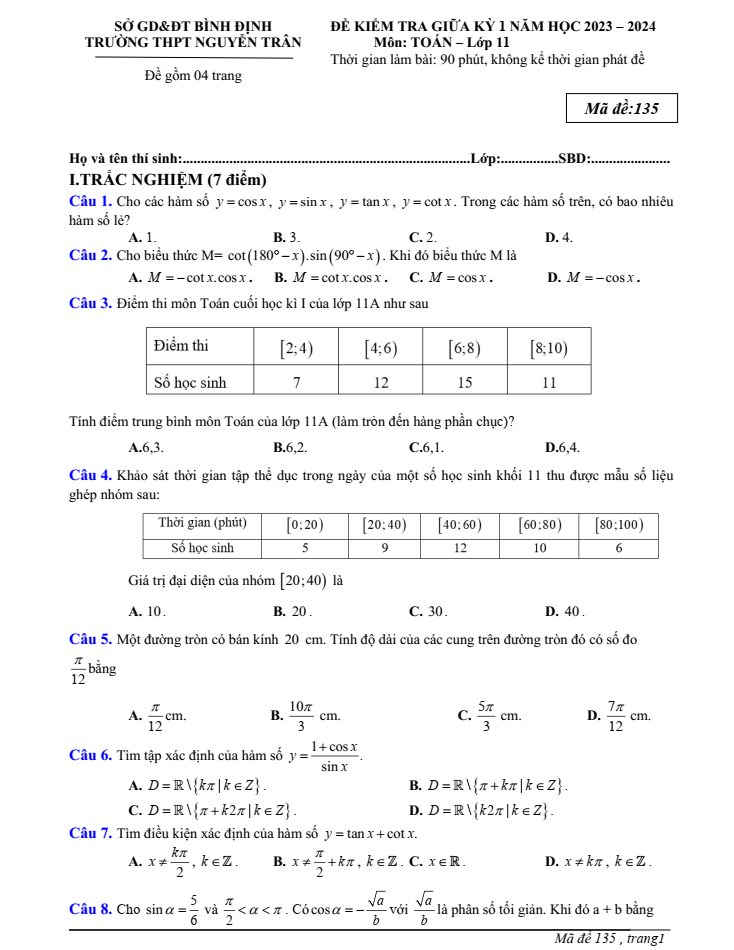 Đề thi Giữa kì 1 Toán 11 năm 2023-2024 trường THPT Nguyễn Trân (Bình Định)