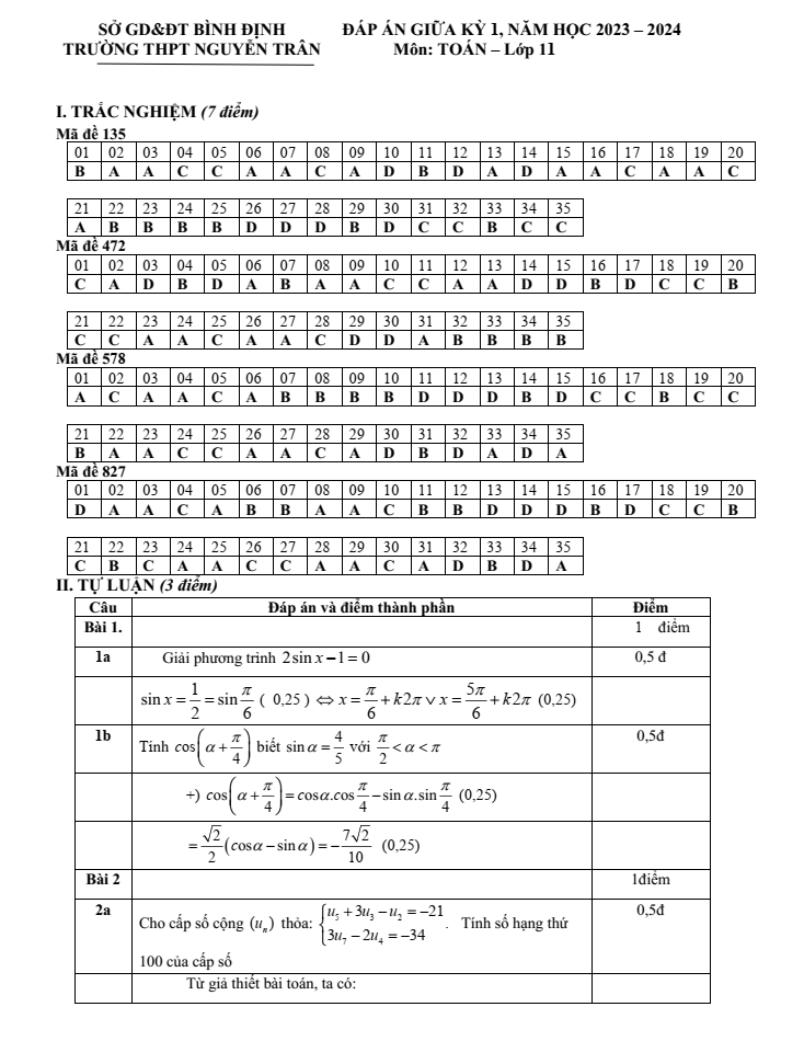 Đề thi Giữa kì 1 Toán 11 năm 2023-2024 trường THPT Nguyễn Trân (Bình Định)