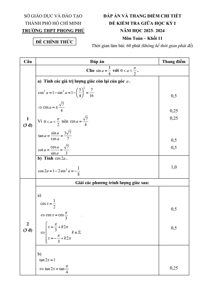 Đề thi Giữa kì 1 Toán 11 năm 2023-2024 trường THPT Phong Phú (TP HCM)