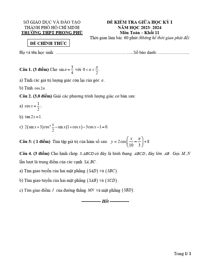 Đề thi Giữa kì 1 Toán 11 năm 2023-2024 trường THPT Phong Phú (TP HCM)