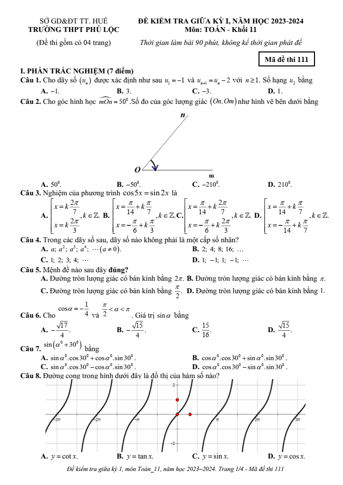 Đề thi Giữa kì 1 Toán 11 năm 2023-2024 trường THPT Phú Lộc (TT Huế)