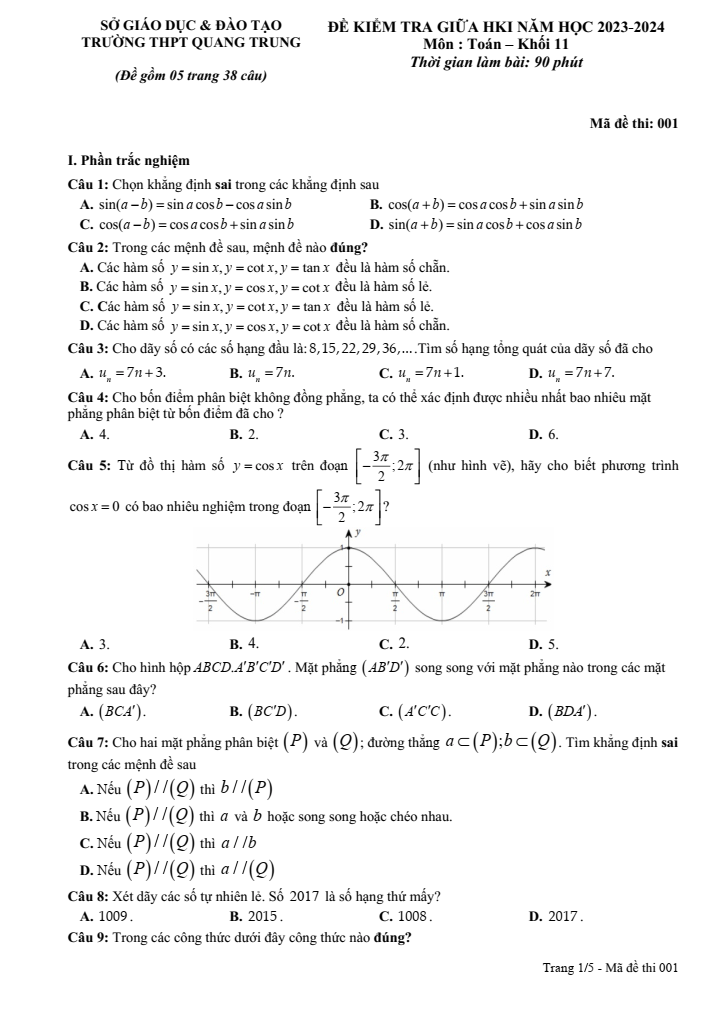 Đề thi Giữa kì 1 Toán 11 năm 2023-2024 trường THPT Quang Trung (Hải Dương)