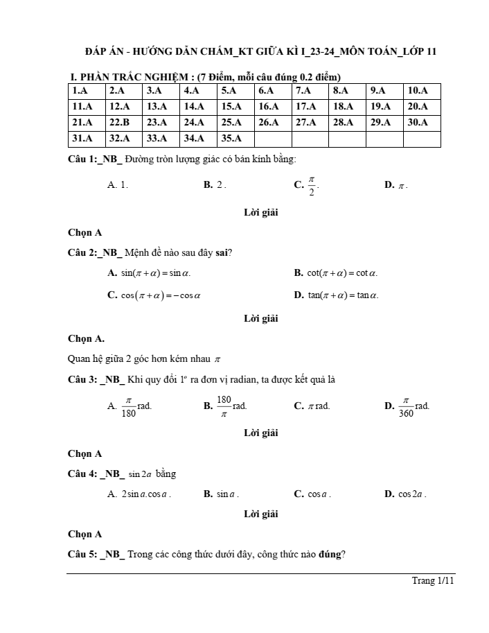 Đề thi Giữa kì 1 Toán 11 năm 2023-2024 trường THPT Quang Trung (Quảng Ngãi)