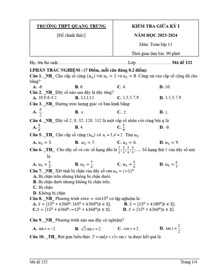 Đề thi Giữa kì 1 Toán 11 năm 2023-2024 trường THPT Quang Trung (Quảng Ngãi)