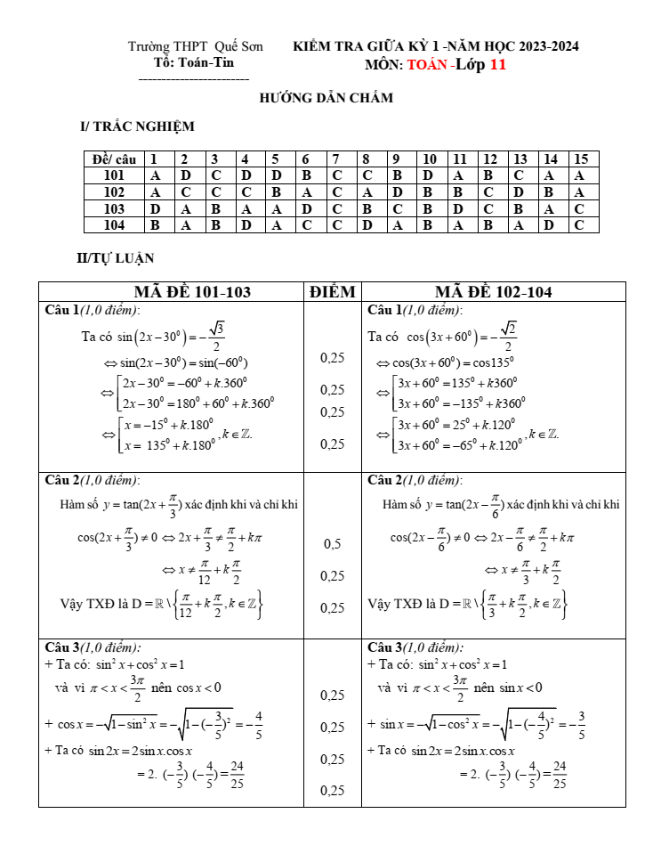 Đề thi Giữa kì 1 Toán 11 năm 2023-2024 trường THPT Quế Sơn (Quảng Nam)