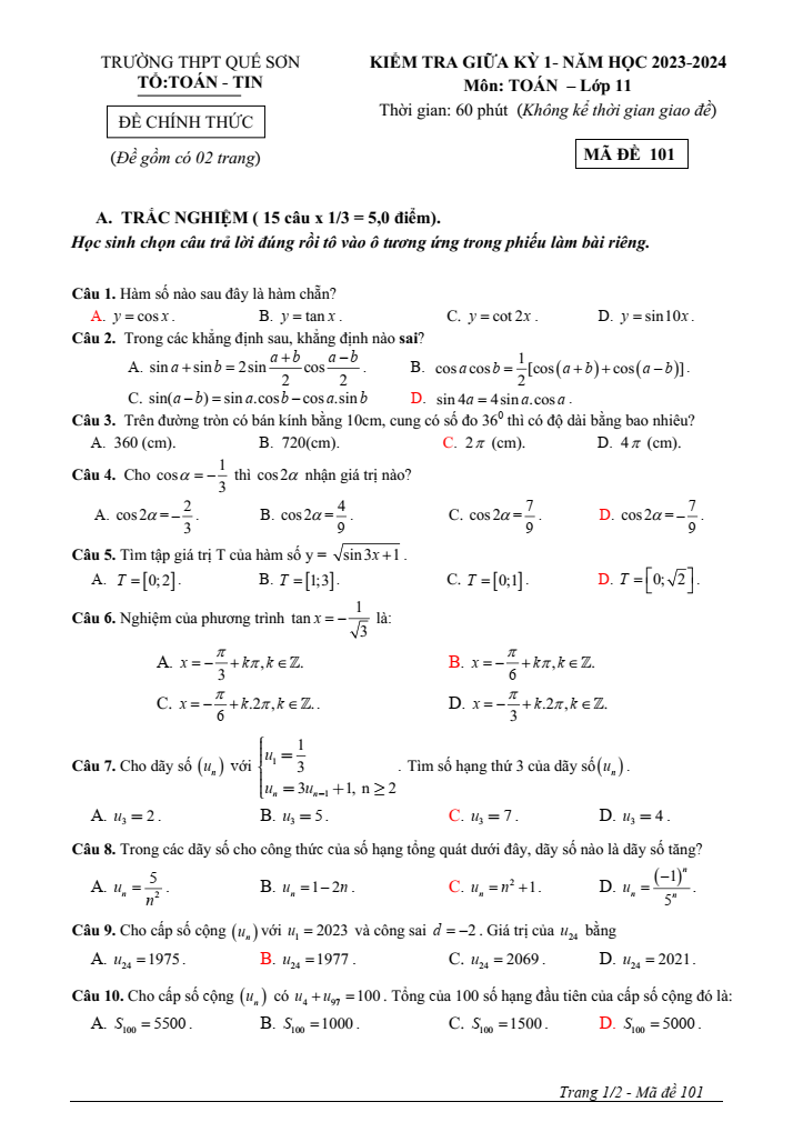 Đề thi Giữa kì 1 Toán 11 năm 2023-2024 trường THPT Quế Sơn (Quảng Nam)