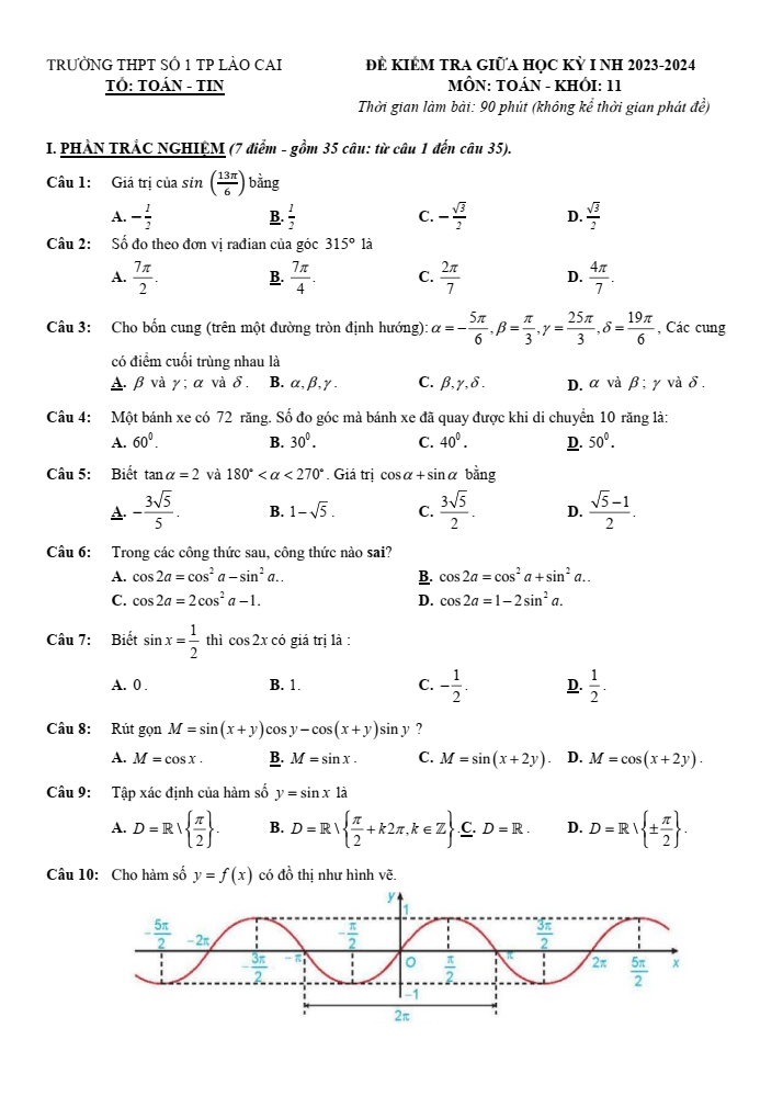 Đề thi Giữa kì 1 Toán 11 năm 2023-2024 THPT số 1 TP Lào Cai