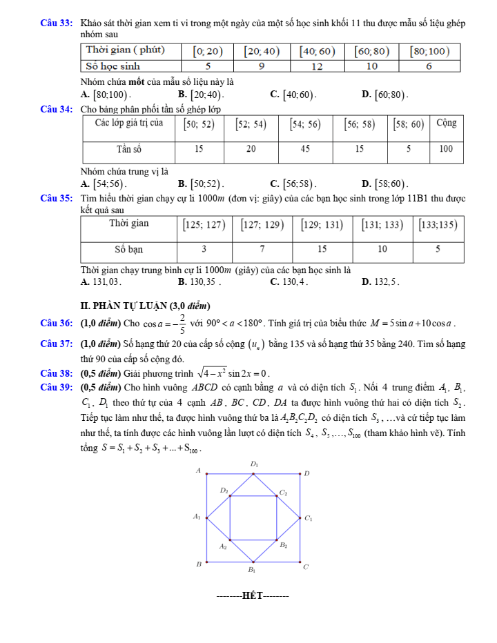 Đề thi Giữa kì 1 Toán 11 năm 2023-2024 trường THPT Thạch Thành 2 (Thanh Hóa)