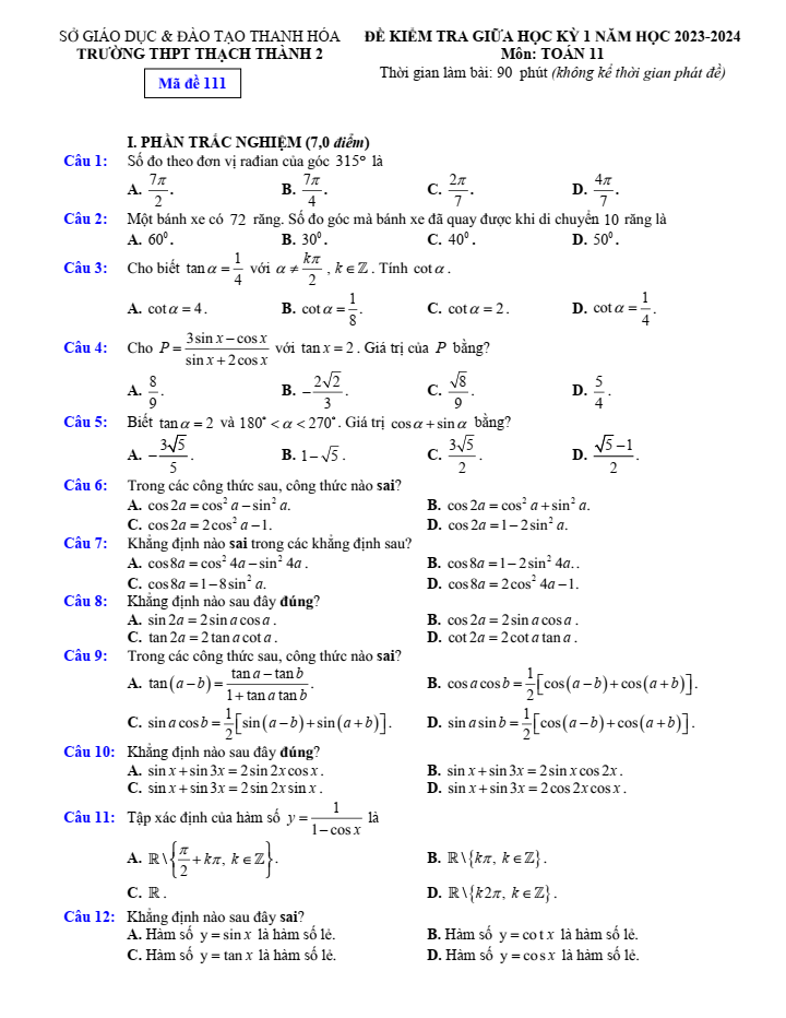 Đề thi Giữa kì 1 Toán 11 năm 2023-2024 trường THPT Thạch Thành 2 (Thanh Hóa)