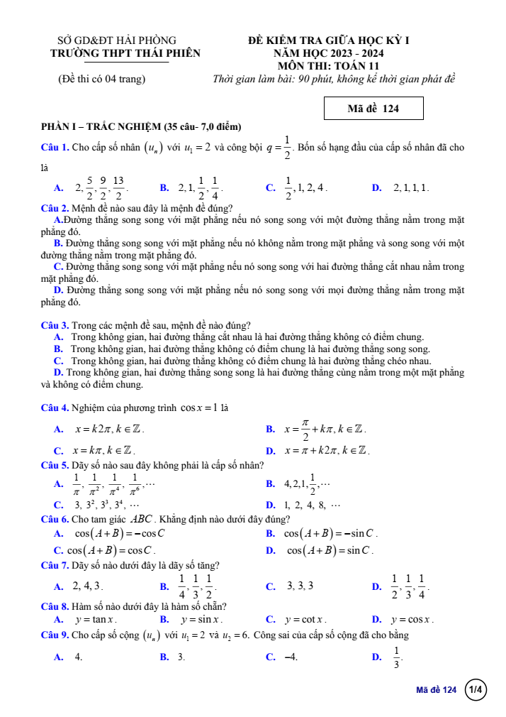 Đề thi Giữa kì 1 Toán 11 năm 2023-2024 trường THPT Thái Phiên (Hải Phòng)