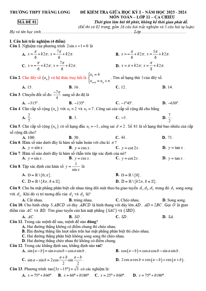 Đề thi Giữa kì 1 Toán 11 năm 2023-2024 trường THPT Thăng Long (Hà Nội)