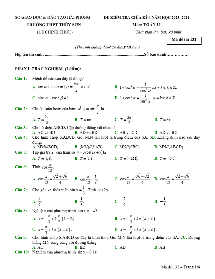 Đề thi Giữa kì 1 Toán 11 năm 2023-2024 trường THPT Thủy Sơn (Hải Phòng)