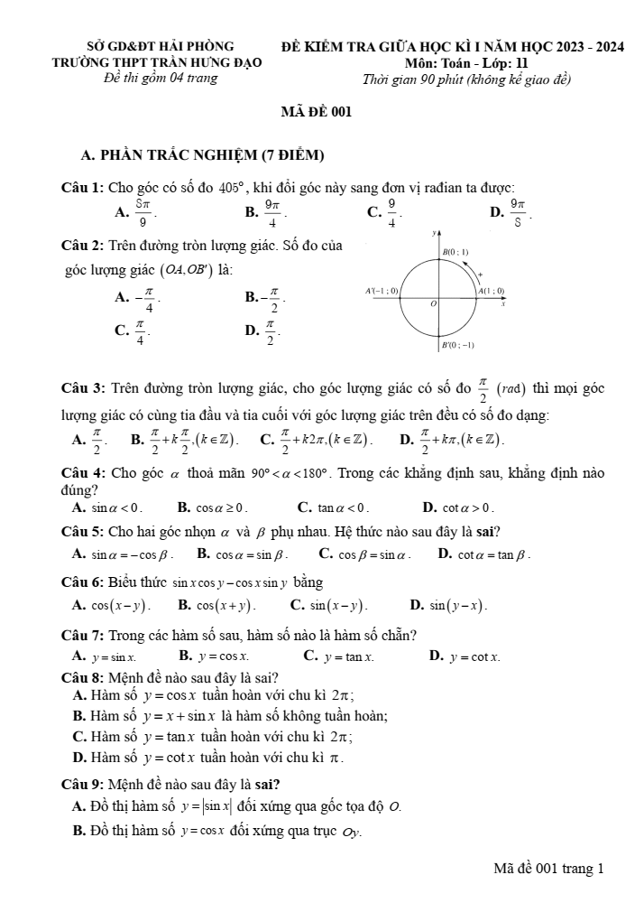 Đề thi Giữa kì 1 Toán 11 năm 2023-2024 trường THPT Trần Hưng Đạo (Hải Phòng)