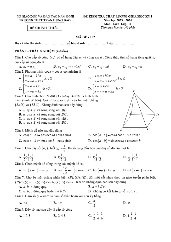 Đề thi Giữa kì 1 Toán 11 năm 2023-2024 trường THPT Trần Hưng Đạo (Nam Định)