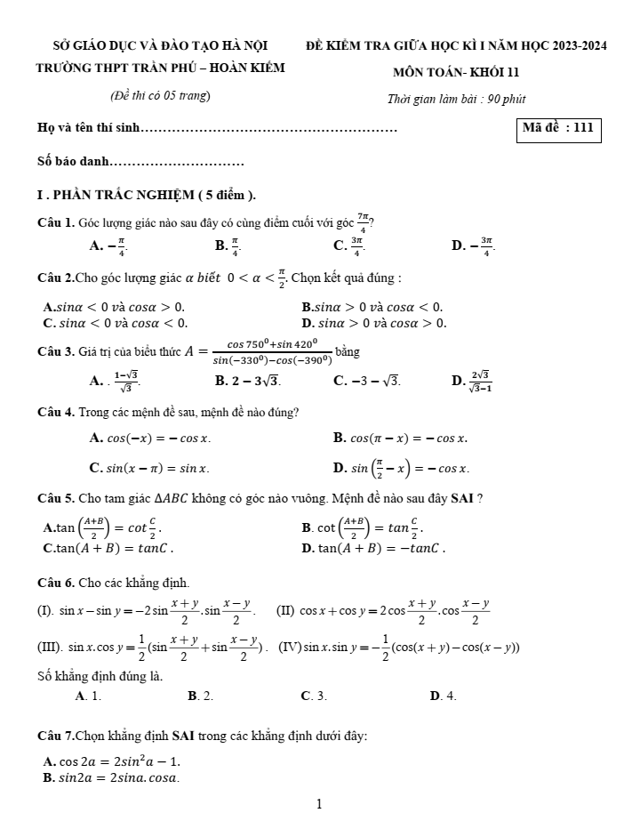 Đề thi Giữa kì 1 Toán 11 năm 2023-2024 trường THPT Trần Phú (Hà Nội)