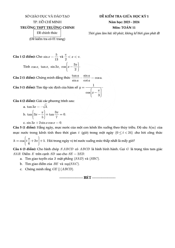 Đề thi Giữa kì 1 Toán 11 năm 2023-2024 trường THPT Trường Chinh (TP HCM)