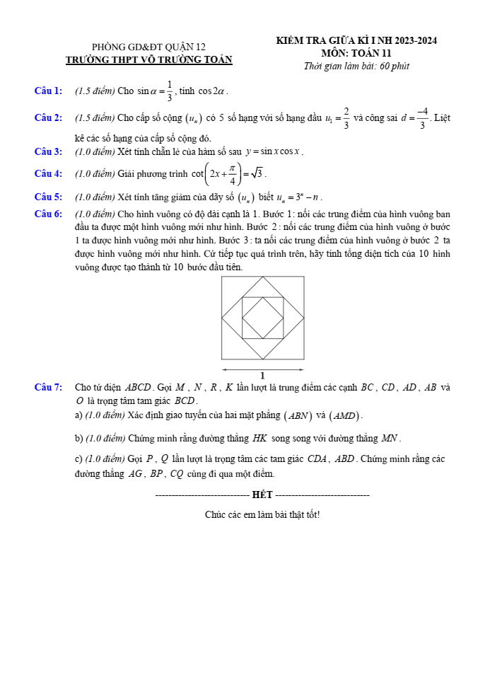 Đề thi Giữa kì 1 Toán 11 năm 2023-2024 trường THPT Võ Trường Toản (TP HCM)