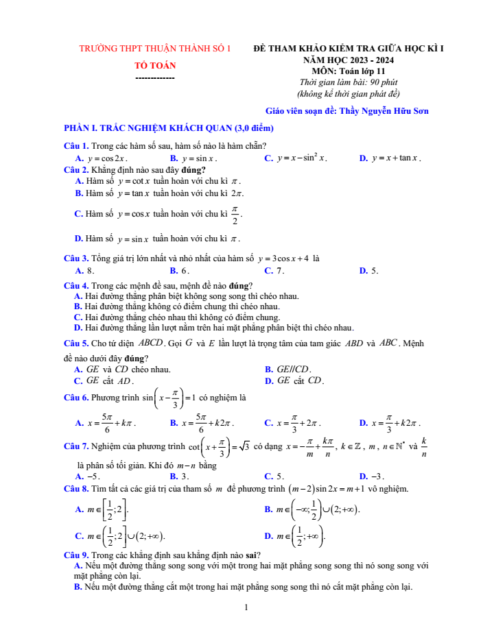 Đề thi Giữa kì 1 Toán 11 năm 2023-2024 trường Thuận Thành 1 (Bắc Ninh)