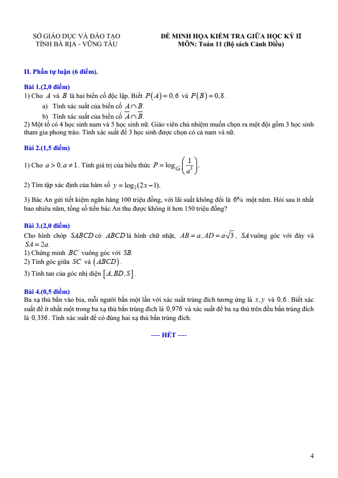 Đề thi Giữa kì 2 Toán 11 năm 2023-2024 sở GD&ĐT Bà Rịa – Vũng Tàu