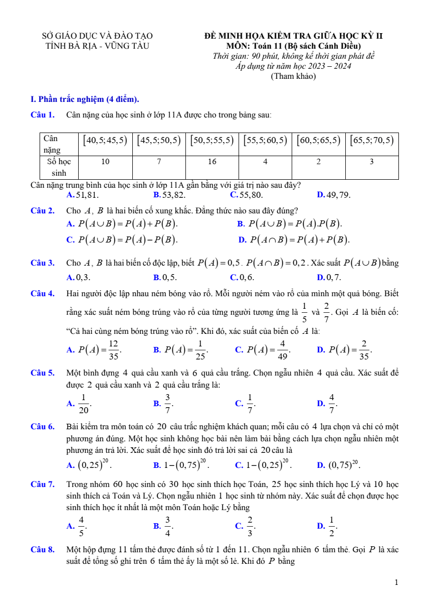 Đề thi Giữa kì 2 Toán 11 năm 2023-2024 sở GD&ĐT Bà Rịa – Vũng Tàu
