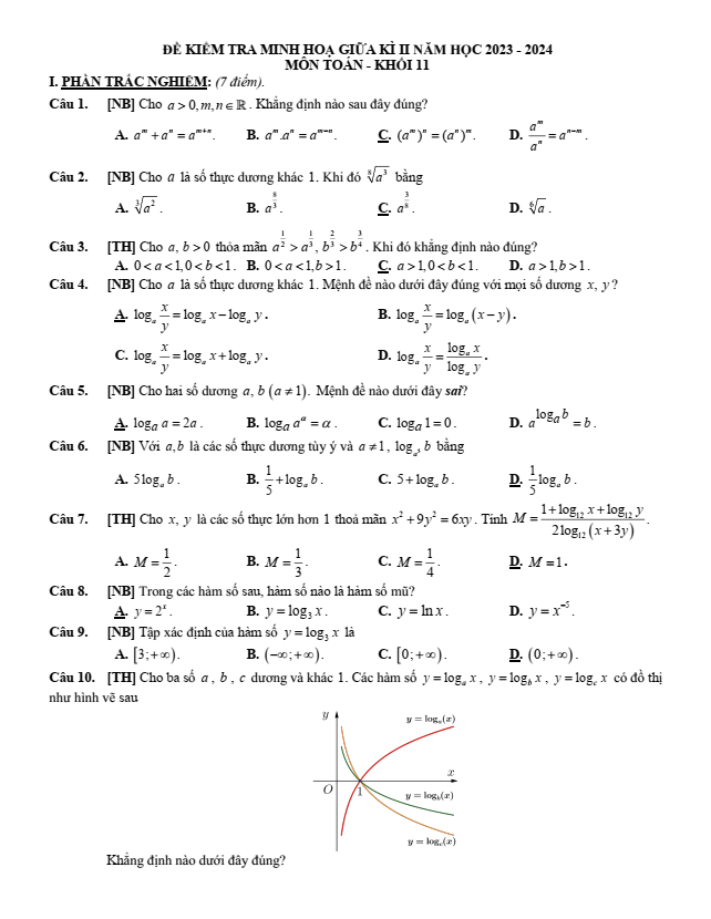 Đề thi Giữa kì 2 Toán 11 năm 2023-2024 sở GD&ĐT Quảng Ngãi