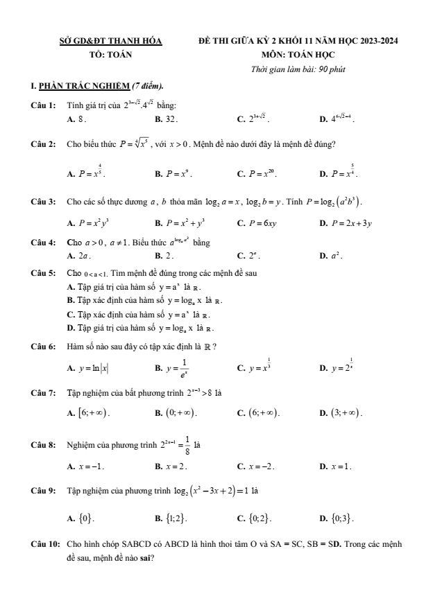 Đề thi Giữa kì 2 Toán 11 năm 2023-2024 sở GD&ĐT Thanh Hóa