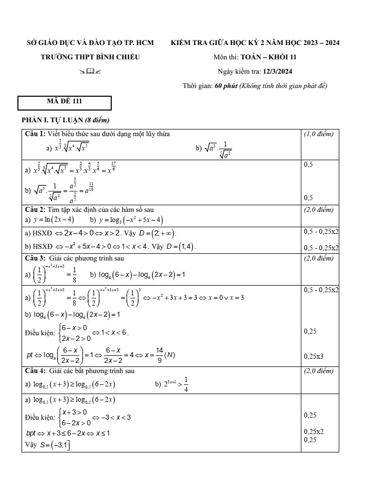 Đề thi Giữa kì 2 Toán 11 năm 2023-2024 trường THPT Bình Chiểu (TP HCM)