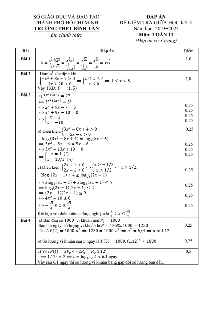 Đề thi Giữa kì 2 Toán 11 năm 2023-2024 trường THPT Bình Tân (TPHCM)