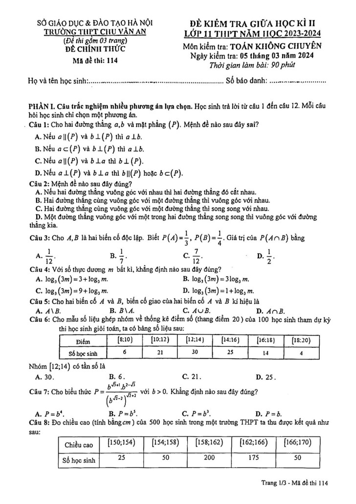 Đề thi Giữa kì 2 Toán 11 năm 2023-2024 trường THPT Chu Văn An (Hà Nội)