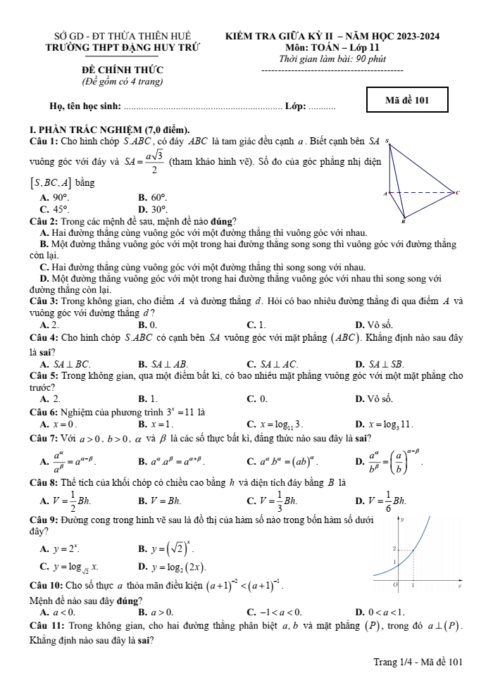 Đề thi Giữa kì 2 Toán 11 năm 2023-2024 trường THPT Đặng Huy Trứ (TT Huế)