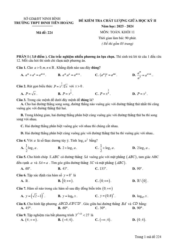 Đề thi Giữa kì 2 Toán 11 năm 2023-2024 trường THPT Đinh Tiên Hoàng (Ninh Bình)