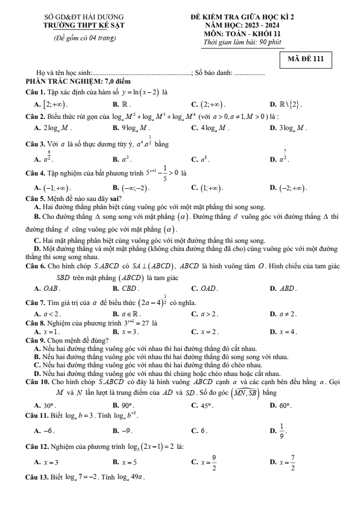 Đề thi Giữa kì 2 Toán 11 năm 2023-2024 trường THPT Kẻ Sặt (Hải Dương)