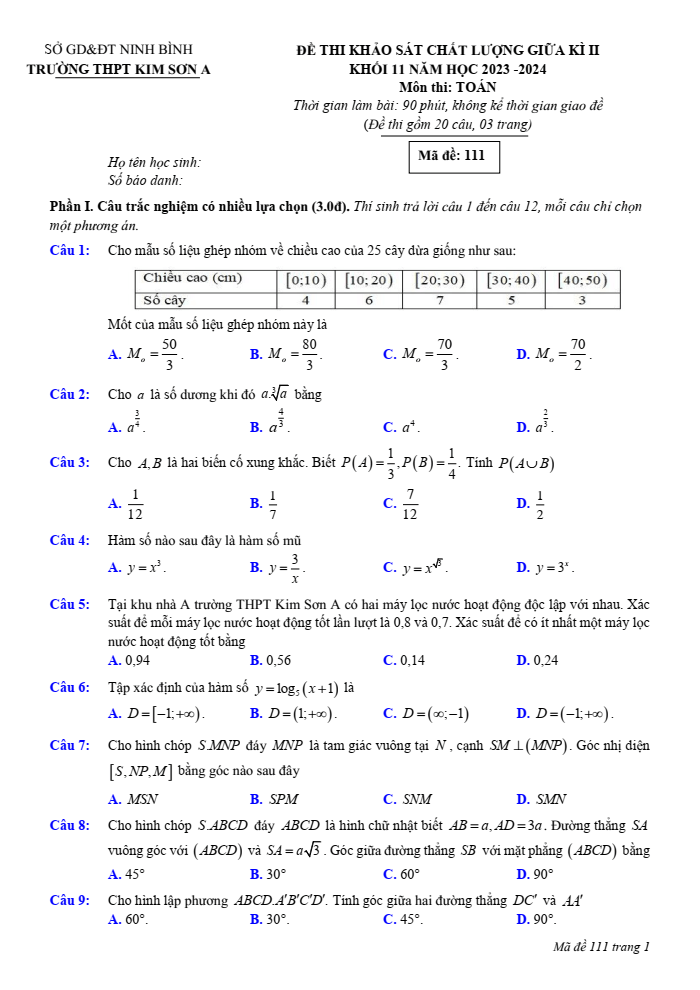 Đề thi Giữa kì 2 Toán 11 năm 2023-2024 trường THPT Kim Sơn A (Ninh Bình)