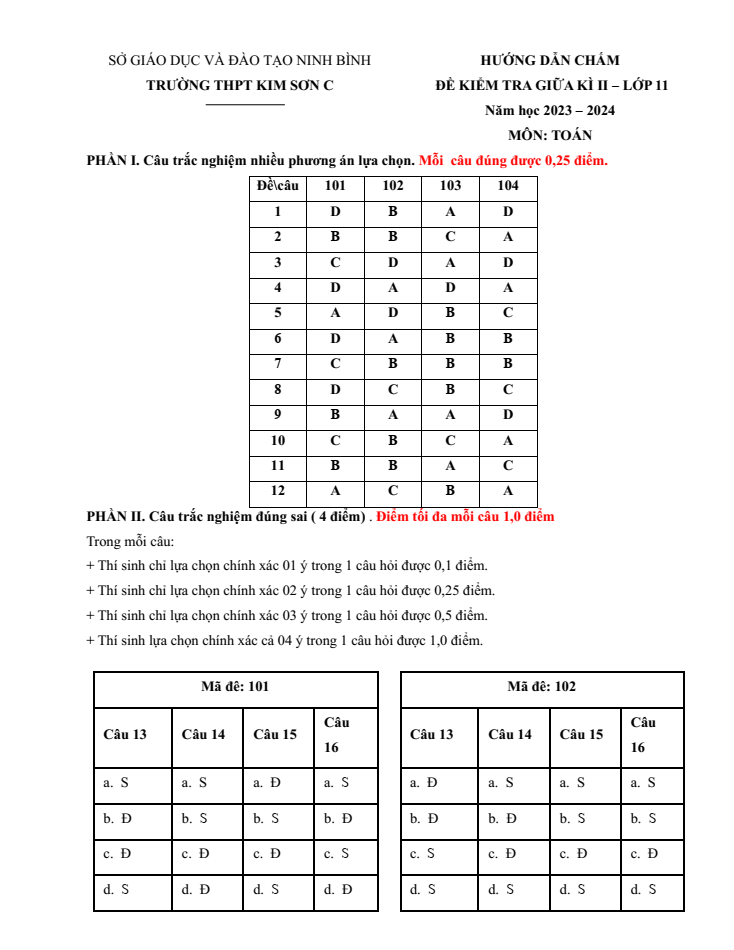 Đề thi Giữa kì 2 Toán 11 năm 2023-2024 trường THPT Kim Sơn C (Ninh Bình)