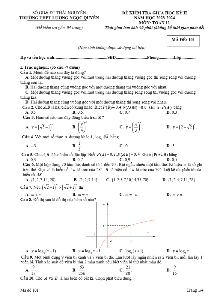 Đề thi Giữa kì 2 Toán 11 năm 2023-2024 trường THPT Lương Ngọc Quyến (Thái Nguyên)