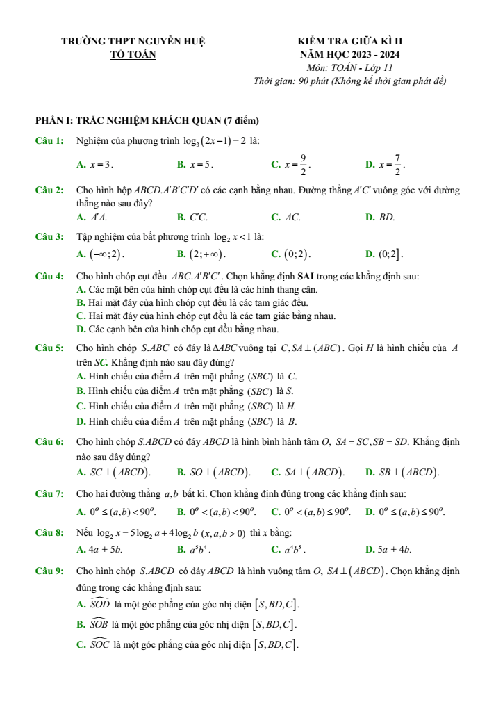 Đề thi Giữa kì 2 Toán 11 năm 2023-2024 trường THPT Nguyễn Huệ (TT Huế)