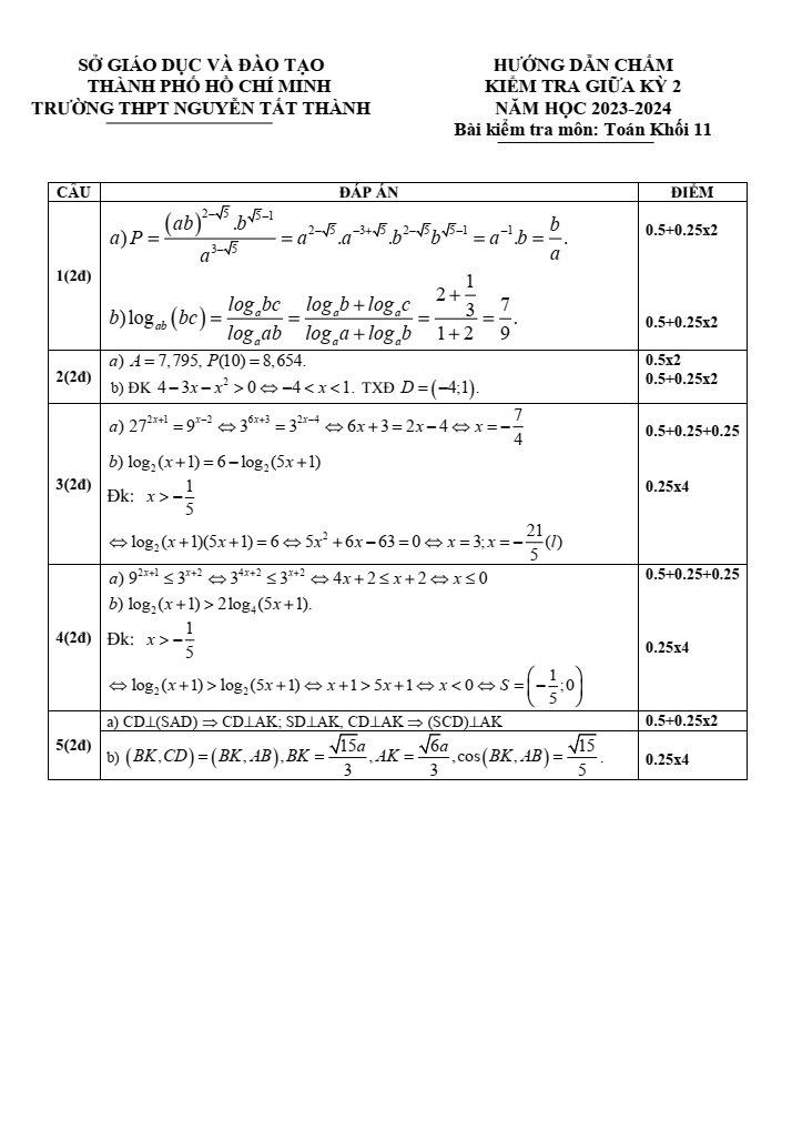 Đề thi Giữa kì 2 Toán 11 năm 2023-2024 trường THPT Nguyễn Tất Thành (TPHCM)