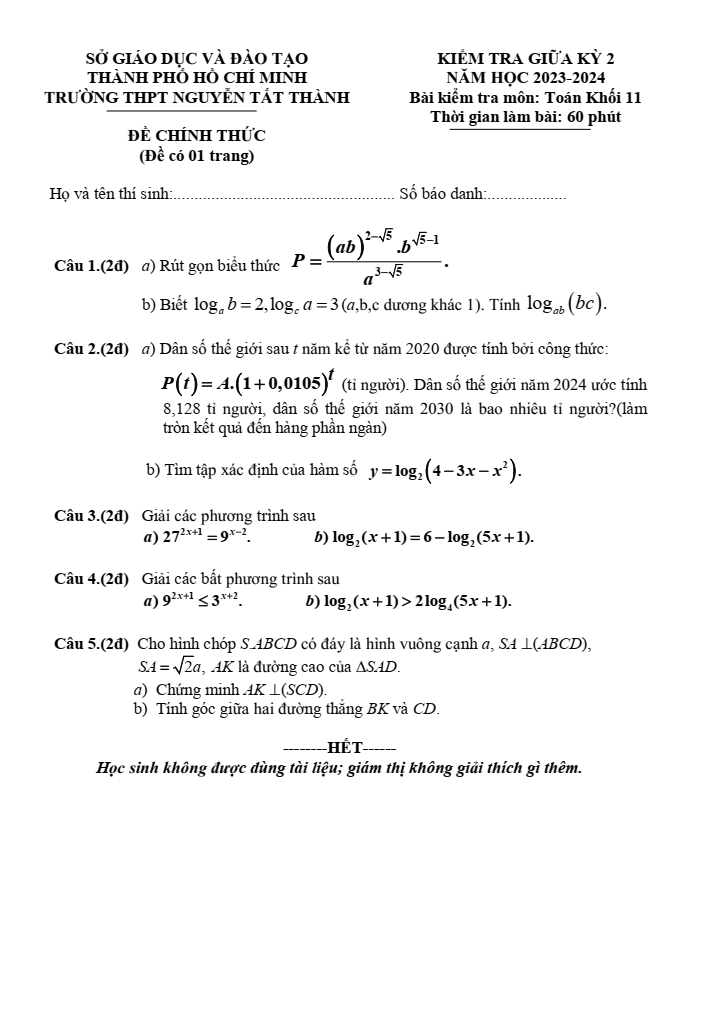 Đề thi Giữa kì 2 Toán 11 năm 2023-2024 trường THPT Nguyễn Tất Thành (TPHCM)