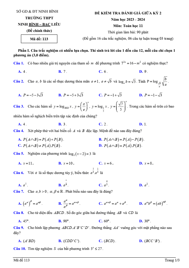 Đề thi Giữa kì 2 Toán 11 năm 2023-2024 trường THPT Ninh Bình – Bạc Liêu (Ninh Bình)