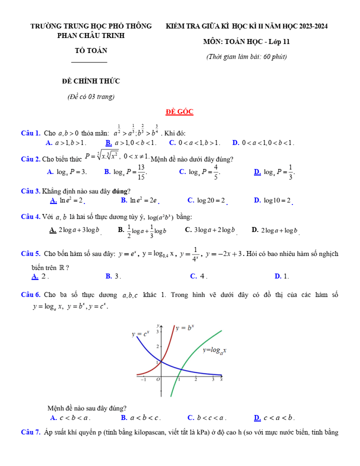 Đề thi Giữa kì 2 Toán 11 năm 2023-2024 Trường THPT Phan Châu Trinh (Đà Nẵng)
