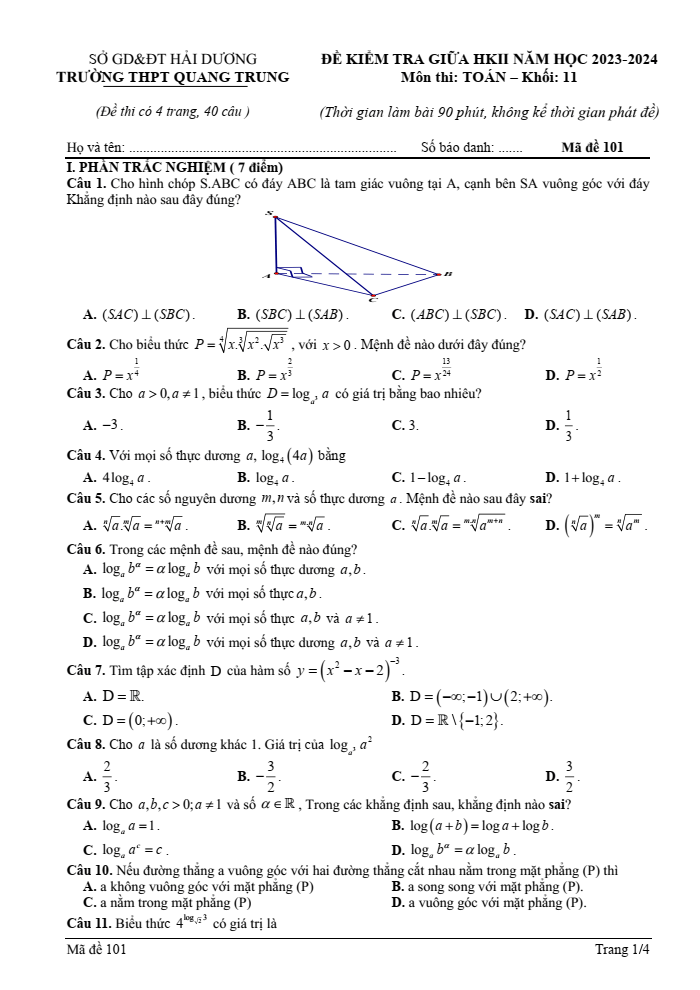 Đề thi Giữa kì 2 Toán 11 năm 2023-2024 trường THPT Quang Trung (Hải Dương)