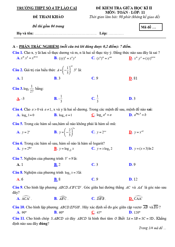 Đề thi Giữa kì 2 Toán 11 năm 2023-2024 trường THPT số 4 TP Lào Cai