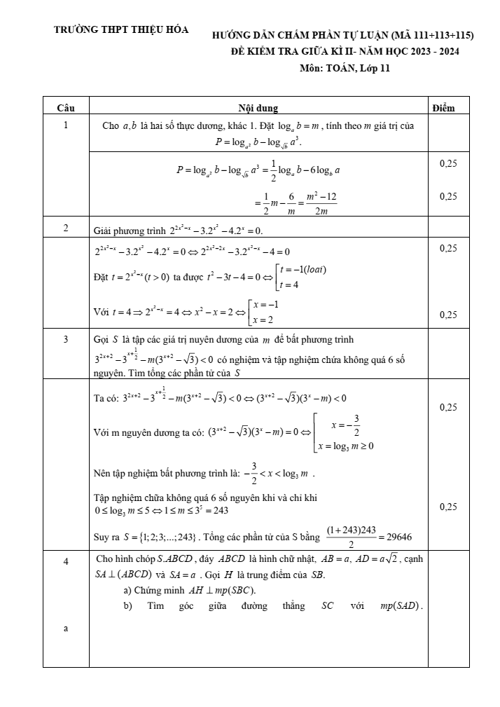 Đề thi Giữa kì 2 Toán 11 năm 2023-2024 trường THPT Thiệu Hóa (Thanh Hóa)