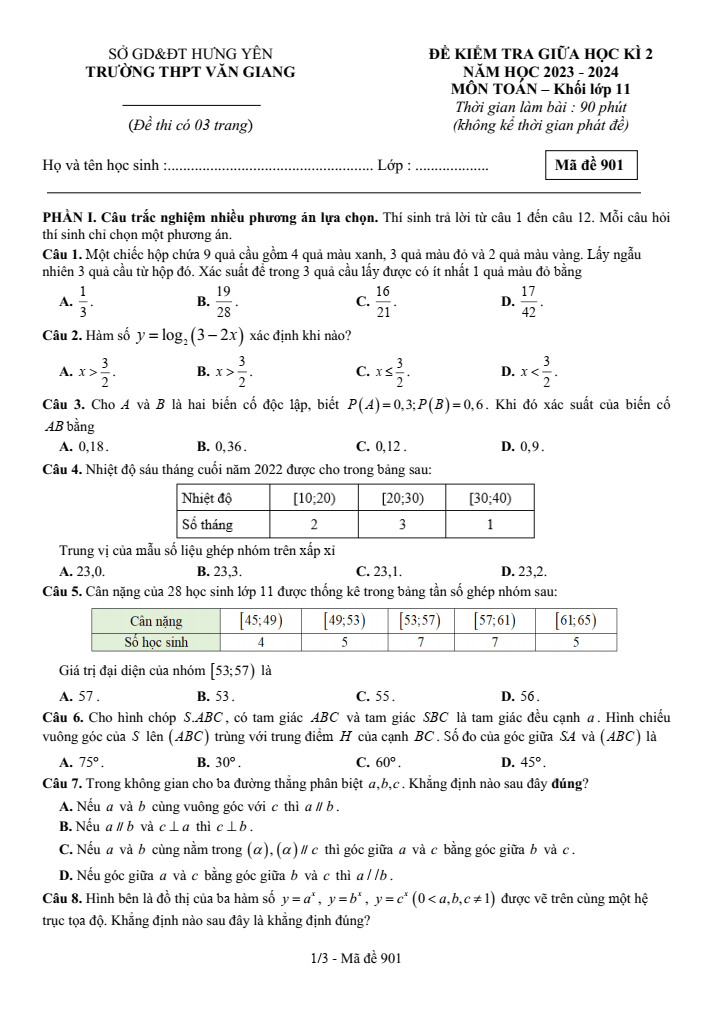 Đề thi Giữa kì 2 Toán 11 năm 2023-2024 trường THPT Văn Giang (Hưng Yên)