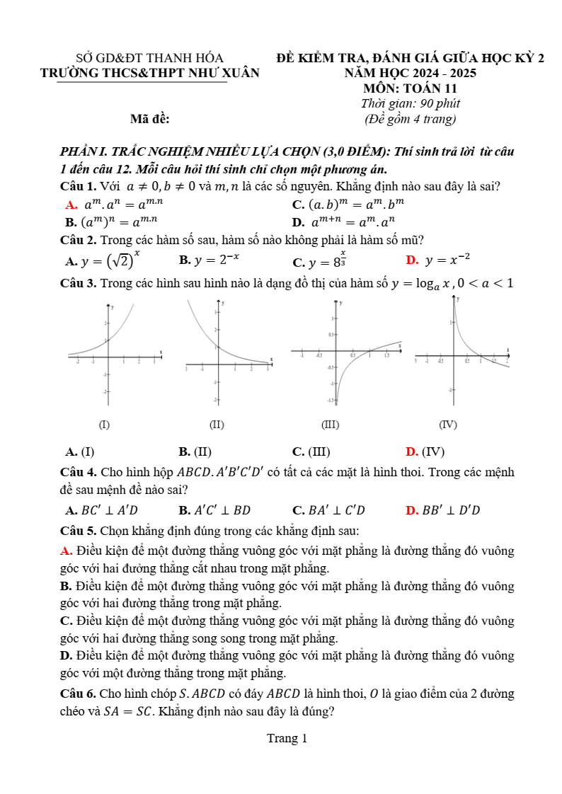 Đề thi Giữa kì 2 Toán 11 sở GD&ĐT Thanh Hóa năm 2024-2025