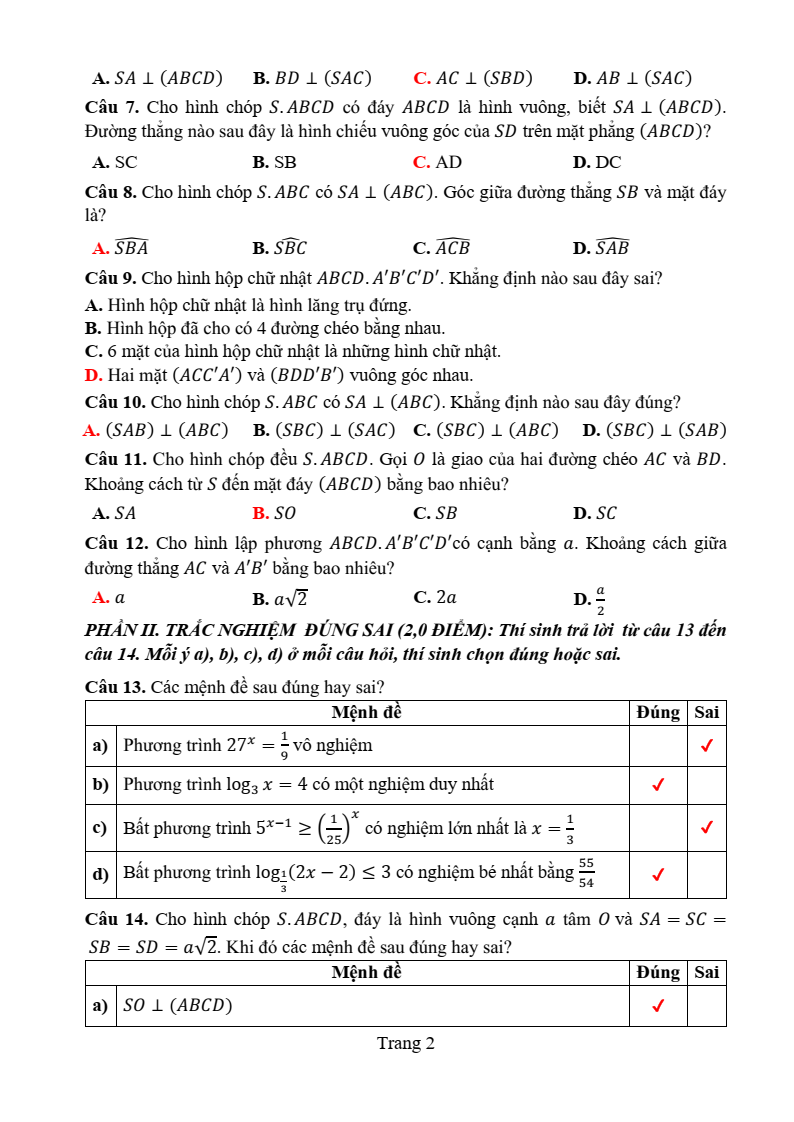 Đề thi Giữa kì 2 Toán 11 sở GD&ĐT Thanh Hóa năm 2024-2025