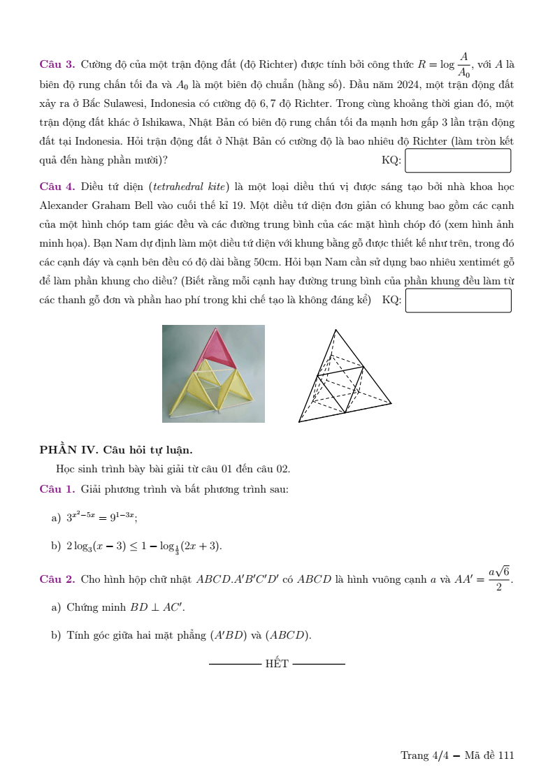 Đề thi Giữa kì 2 Toán 11 trường chuyên Lương Thế Vinh (Đồng Nai) năm 2024-2025