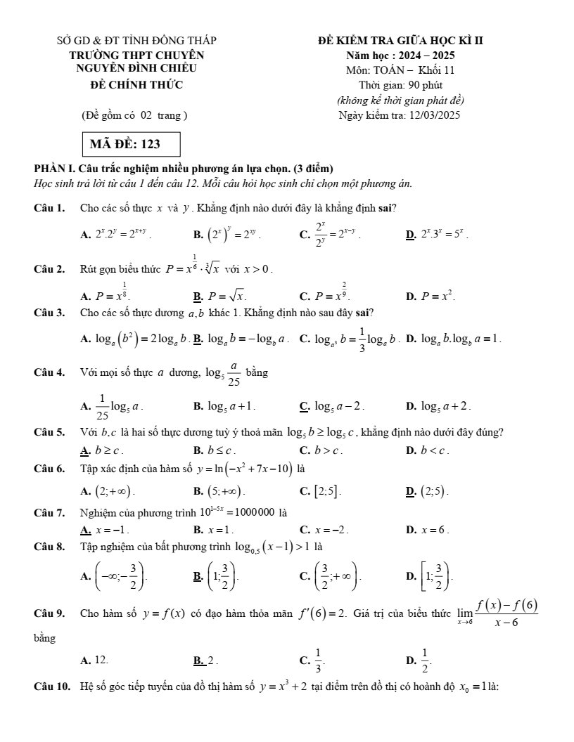Đề thi Giữa kì 2 Toán 11 trường chuyên Nguyễn Đình Chiểu (Đồng Tháp) năm 2024-2025